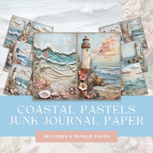 May include: Six bifold pages of coastal themed junk journal paper featuring a lighthouse, seashells, and flowers. The paper is textured and has a vintage look.  Includes 6 bifold pages.  Coastal Pastels Junk Journal Paper.