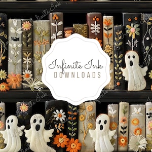 May include: A shelf filled with books decorated with embroidered flowers and ghosts. The books are arranged in a row and have a black background. The text "Infinite Ink Downloads" is written in a white circle in the center of the image.