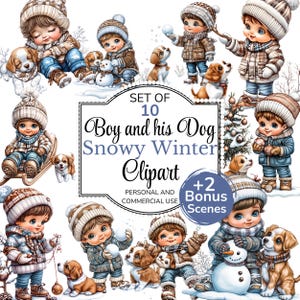 Christmas Boy Clipart Bundle, Cute Baby Boy and his Dog, Winter Snowy Play Day, Seasonal Holiday Xmas PNG Digital Download, Chibi Cartoon