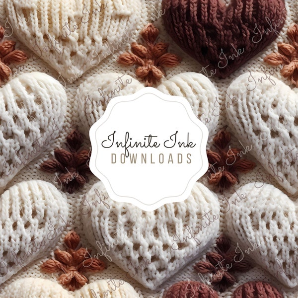 3D Crochet Knit Valentines Day Hearts Seamless Pattern - Comfy Beige Sweater Effect - PNG - Digital Download - Fabric Sublimation