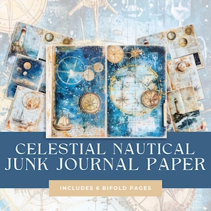Celestial Nautical Bifold Junk Journal, afdrukbare pagina's vuurtoren en schepen, Paper Pack, Fantasy Lunar Starry Night Sky digitale download