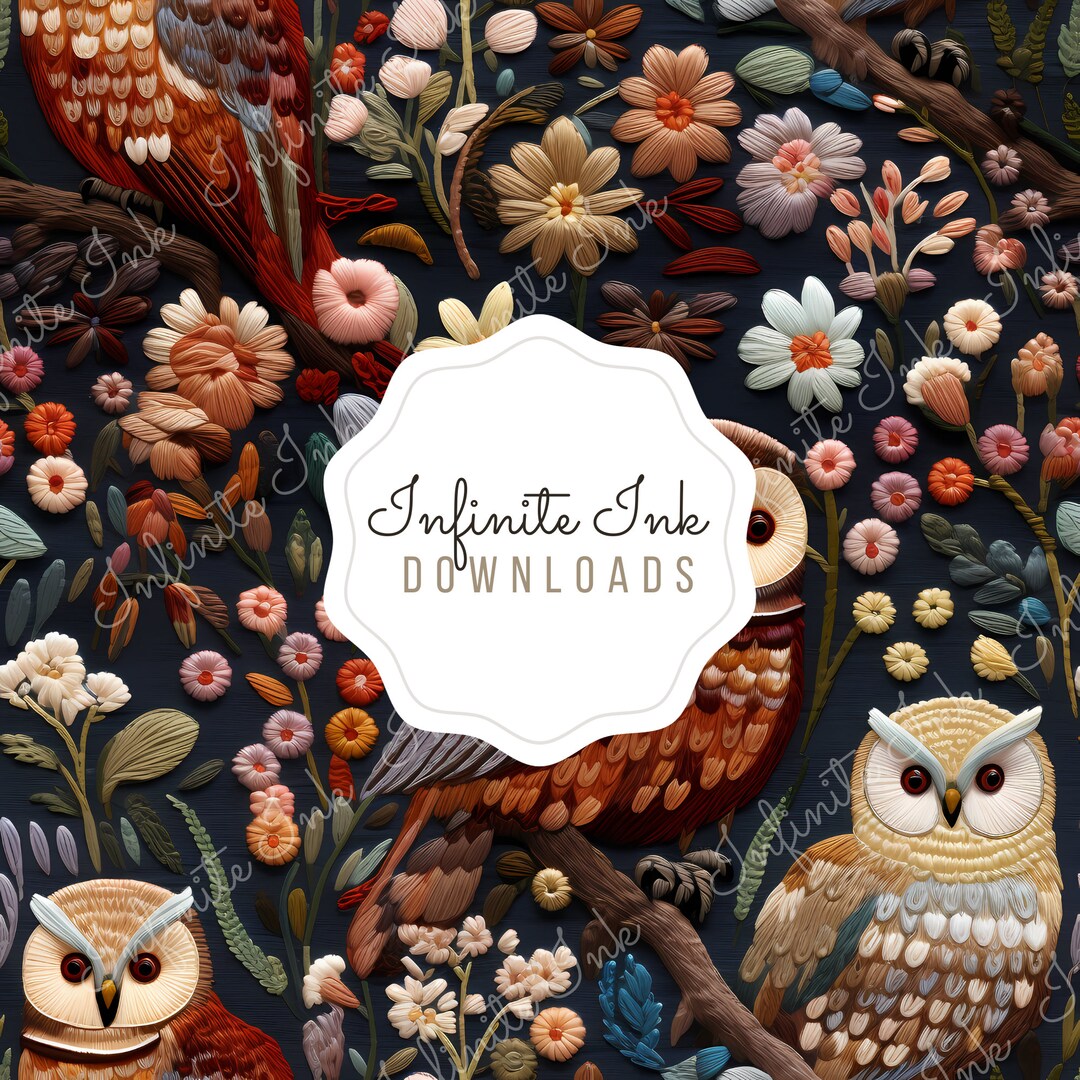 Embroid Effect Sticker 3D Embroidery Effect Owls Floral Seamless Pattern - Cute Woodland ...