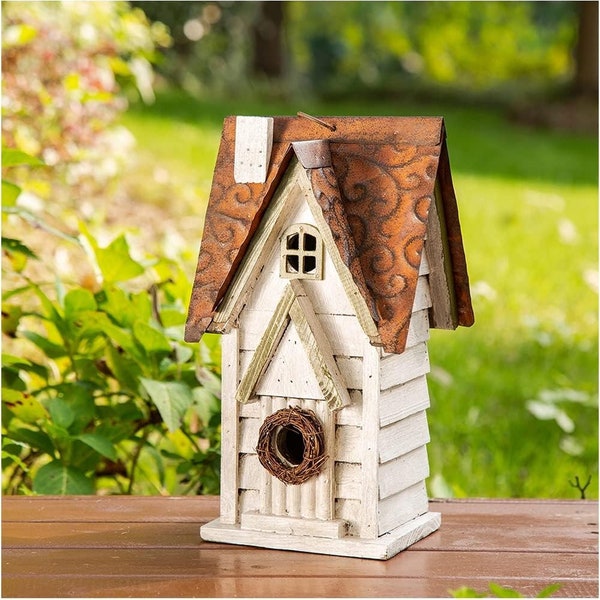 Washed White Distressed Solid Wood Cottage Birdhouse -| 12" Hanging Bird House for Outdoor Decor