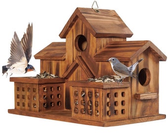 Outdoor 3-Hole Bird House with Bird Feeder | Perfect for Bluebird Finches and Cardinals | humming bird feeder | Birdhouse for Garden Delight