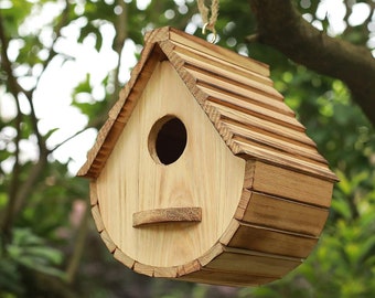 Outdoor Bird House for Outside Clearance | Natural Wooden Bird Hut for Bluebird Finch Cardinals | Hanger Birdhouse for Garden Viewing