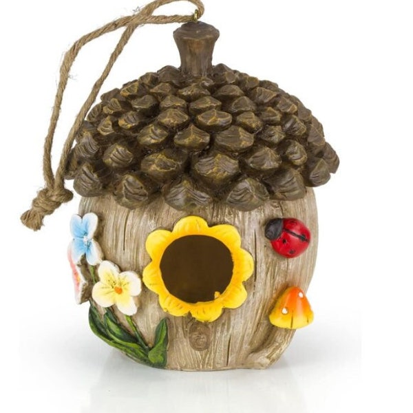 Hand-Painted Acorn Cottage Hanging Birdhouse for Outdoor Decor