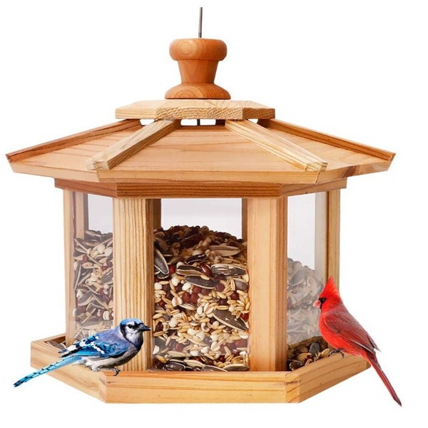 Cedar Hexagon Gazebo Bird Feeder | Large Easy Clean 9.6"D x 8.7"H USA-Made (G-B121A00-US)