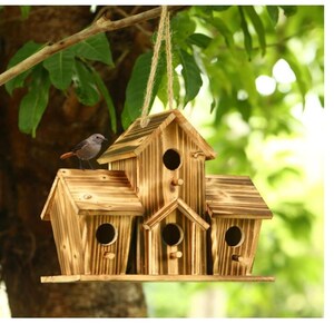 Large 4-Hole Handmade Natural Bird House for Outside  | Wooden Bird House for Backyard Courtyard Patio Decor | Hanging Birdhouse for Outdoor