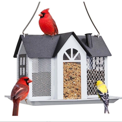 Metal Mesh Bird Feeder House for Outside | Triple Feeders for Finch Cardinal Chickadee | Large Capacity Weatherproof and Durable