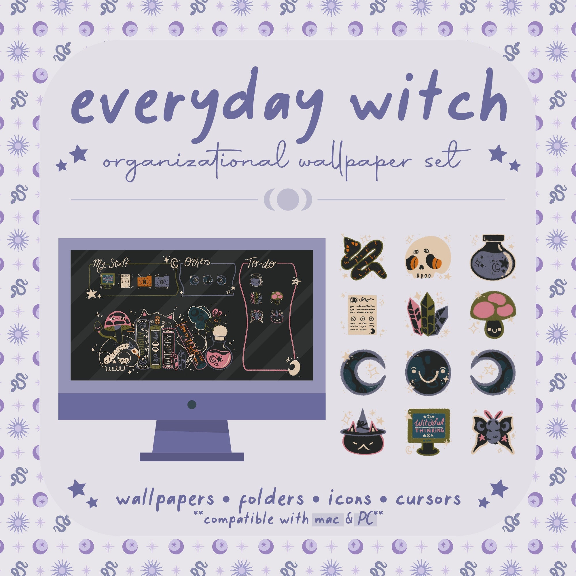 Everyday Witch Computer Desktop Theme Background Wallpaper Organizer Set