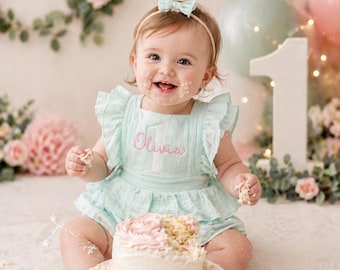Personalized "1" Embroidered Muslin Baby Romper, Ruffled Outfit, First birthday baby girl, Baby girl overall with ruffled
