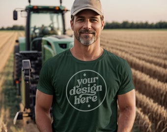 Country Farmer Tractor Mockup, Forest Green Bella & Canvas 3001 T Shirt, Dark Green T-shirt Mock, Cowboy Model Mockup with Beard, Ranch PNG