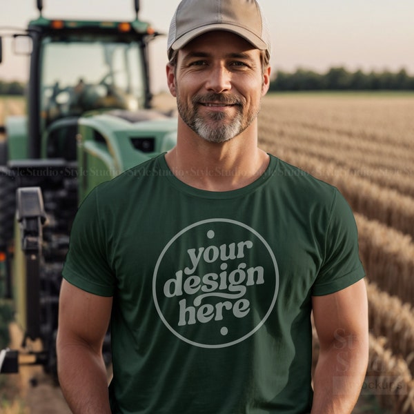 Country Farmer Tractor Mockup, Forest Green Bella & Canvas 3001 T Shirt, Dark Green T-shirt Mock, Cowboy Model Mockup with Beard, Ranch PNG