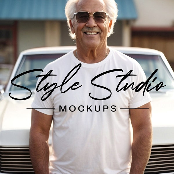 Senior Model Male T-shirt Mockup, Father's Day Bella Canvas White 3001, Men's Grandpa T Mockup, Senior Classic Muscle Car Tee Image Mock