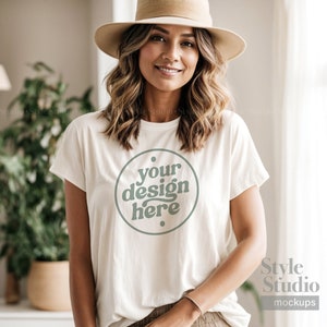 Bella Canvas, Boho Shirt Mockup, Model Mockup Shirt for POD, Bella & Canvas 3001, Short Sleeve, White T-shirt Photo, Female Model, Interior
