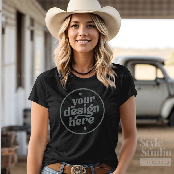 Cowgirl Black Bella Canvas 3001 Mockup, Country Girl Cowboy Hat T-shirt Mockup for POD, Farming Theme T Mockup, Women's Short Sleeve Mockup