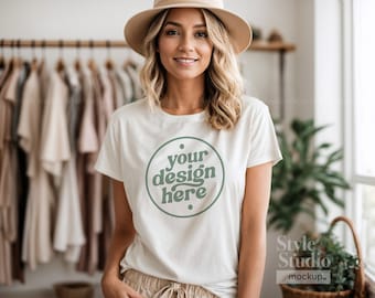 Mockup de camisa boho: Bella Canvas 3001, camiseta branca (download digital em PNG)