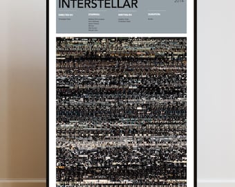 May include: A framed movie poster for the 2014 film Interstellar. The top section features a gray header with the title, year, director, cast, writers, and duration. The bottom section displays a dense, horizontal collage of dark film scenes.