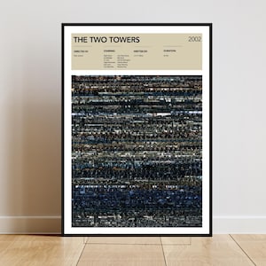 Può includere: Un poster incorniciato del film "The Two Towers" (2002) con cornice nera. Il poster presenta il titolo del film, i crediti e un'immagine a mosaico composta da fotogrammi del film. Il poster è esposto su un pavimento in legno chiaro.