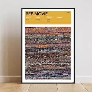 May include: A framed poster for the animated film "Bee Movie" with a black frame. The poster features the film's title and year in a yellow bar at the top, with a mosaic of images below. The poster is displayed on a wooden floor.