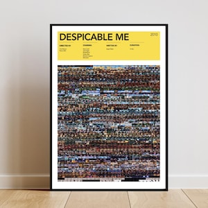 May include: A framed poster featuring the movie title "Despicable Me" in large, yellow text. The poster includes the year 2010 and a list of credits. The main image is a mosaic of smaller images, creating a textured effect.