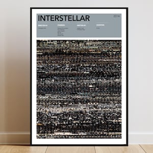 Può includere: Un poster cinematografico incorniciato per "Interstellar" con una cornice nera. Il poster presenta il titolo e i crediti del film in testo bianco su sfondo grigio. L'immagine principale è un mosaico di toni neri, grigi e marroni.