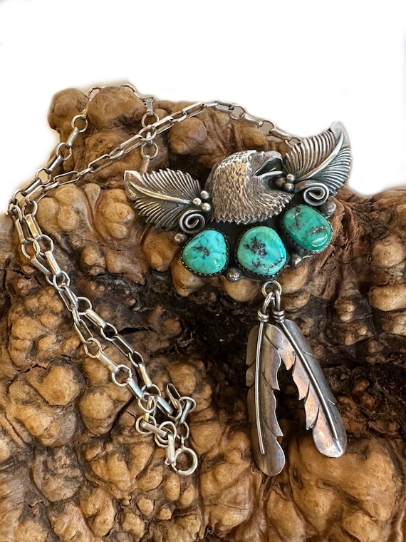 Vintage Bald Eagle Turquoise Sterling Silver Feat… - image 1