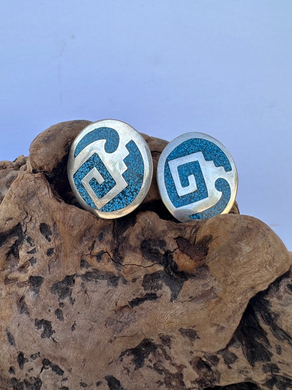 Vintage Chip Inlay Turquoise Sterling Silver Circ… - image 4