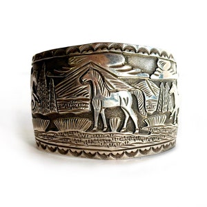Vintage Hopi Overlay Horse Sterling Silver Storyteller Bracelet Large