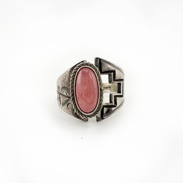 Vintage Navajo Pink Rhodochrosite Sterling Silver Ring Adjustable