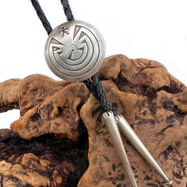 Vintage Sterling Silver Hopi Overlay Signed Man in The Maze Bolo Tie