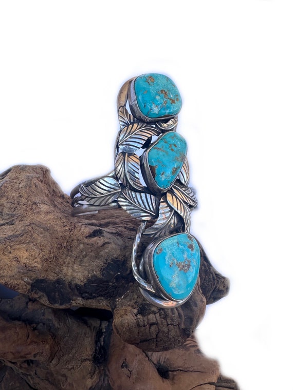 Fabulous Vintage Native American Navajo Kingman Turquoise Squares Sterling Silver Bracelet Fabulous Vintage Native American Navajo Kingman Turquoise Squares Sterling Silver Bracelet