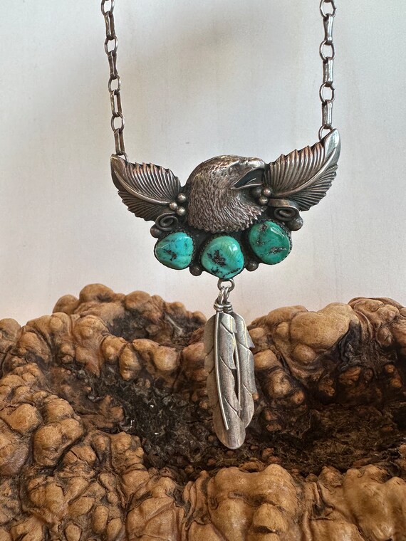 Vintage Bald Eagle Turquoise Sterling Silver Feat… - image 2