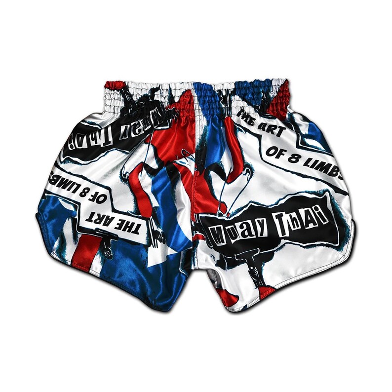 White Bandana And Blue Red Print Muay Thai Boxing Shorts main image 1