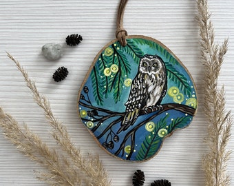 Owl Art Ornament – Fantasy art. Whimsical. Forest. Acrylic art. Wood.