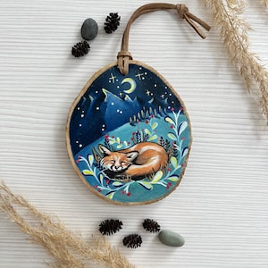 Sleepy Fox Art Ornament – Fantasy art. Whimsical. Forest. Acrylic art. Wood.