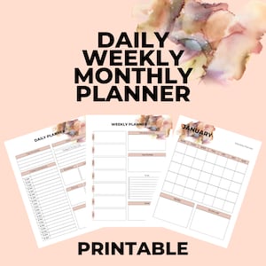 May include: Printable daily, weekly, and monthly planner pages with a watercolour background. The pages are designed with a simple layout and include sections for to-do lists, notes, and schedules.
