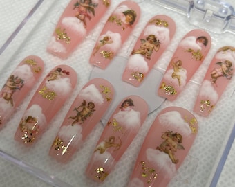 Heaven Press On Nails / Uñas rosas con ángeles en las nubes / Prensas hechas a mano de alta calidad
