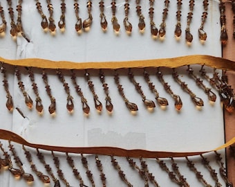 Golden Brown Crystal Beaded Fringe with Lace - 2.5" (Sold by the Yard)