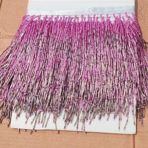 5.5&quot;  Pink Glass Beaded Fringe with Metallic Silver Lace (sold by the yard)