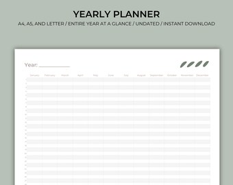 May include: A printable yearly planner with a simple design. The planner is undated and includes a space for the year at the top. The planner is divided into 12 months, with each month having 31 rows for daily entries. The planner is perfect for organizing your year.