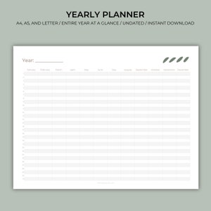 Planificador anual de un vistazo, Planificador imprimible sin fecha, Calendario anual en A4, A5, Tamaño carta, 12 meses, Descarga PDF