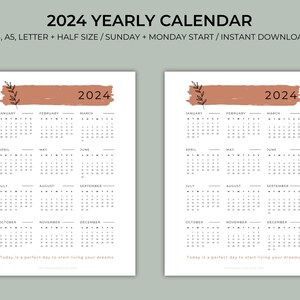 Calendario imprimible minimalista Boho 2024, Calendario anual 2024, Calendario anual de un vistazo en A4, A5, Tamaño carta, 12 meses, Descargar PDF