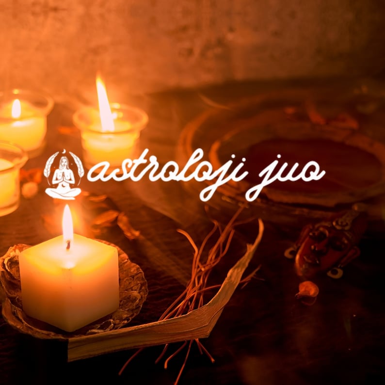 May include: A square white candle burns with a bright flame, accompanied by two smaller round candles in glass holders. The text "astroloji jua" is written in white script, alongside a small icon of a person sitting in a meditative pose.