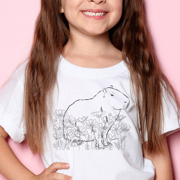 Capybara Shirt For Girls Cottagecore Capybara Tshirt Minimalist Line Art Wildflowers Nature Tee Cute Shirts Kids Animal Lovers Gifted