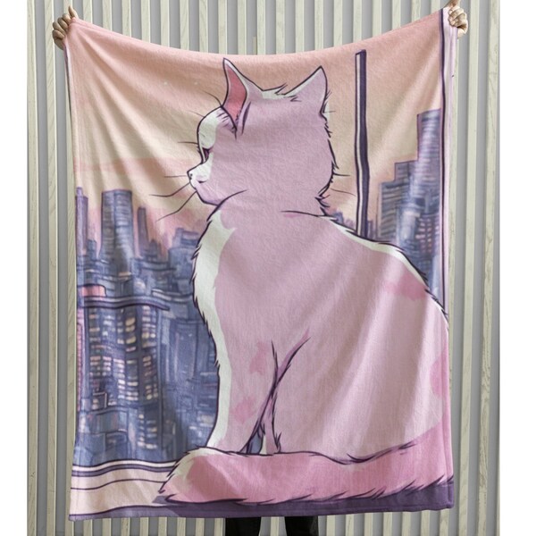 Cute Anime Cat Blanket Lofi Anime Blanket Light Pink Bedroom Decor Lofi Art Pastel Blanket Anime Kitten Decore Cat Lover Gift Kawaii Gifts