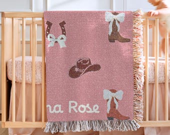 Personalized Girls Name Blanket Western Nursery Decoration Cowgirl Throw Blanket Western Baby Shower Gift Newborn Keepsake Gift