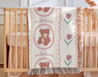 Manta de oso para bebé, decoración de guardería para niñas, regalo personal para baby shower, recuerdo para recién nacidos, regalo para niña, manta floral tejida