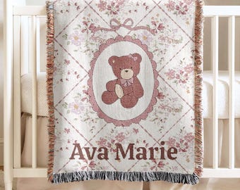 Manta personalizada para bebé niña con nombre, manta de osito para bebé, regalo para baby shower con osito, recuerdo personalizado para recién nacido, ropa de cama de algodón para bebé con estampado floral.