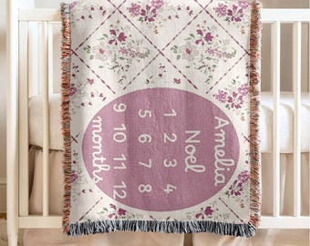 Personalized Baby Girls Milestone Blanket Floral Customized Name Blanket Baby Girl Gift Newborn Keepsake Custom Milestone Blanket Woven